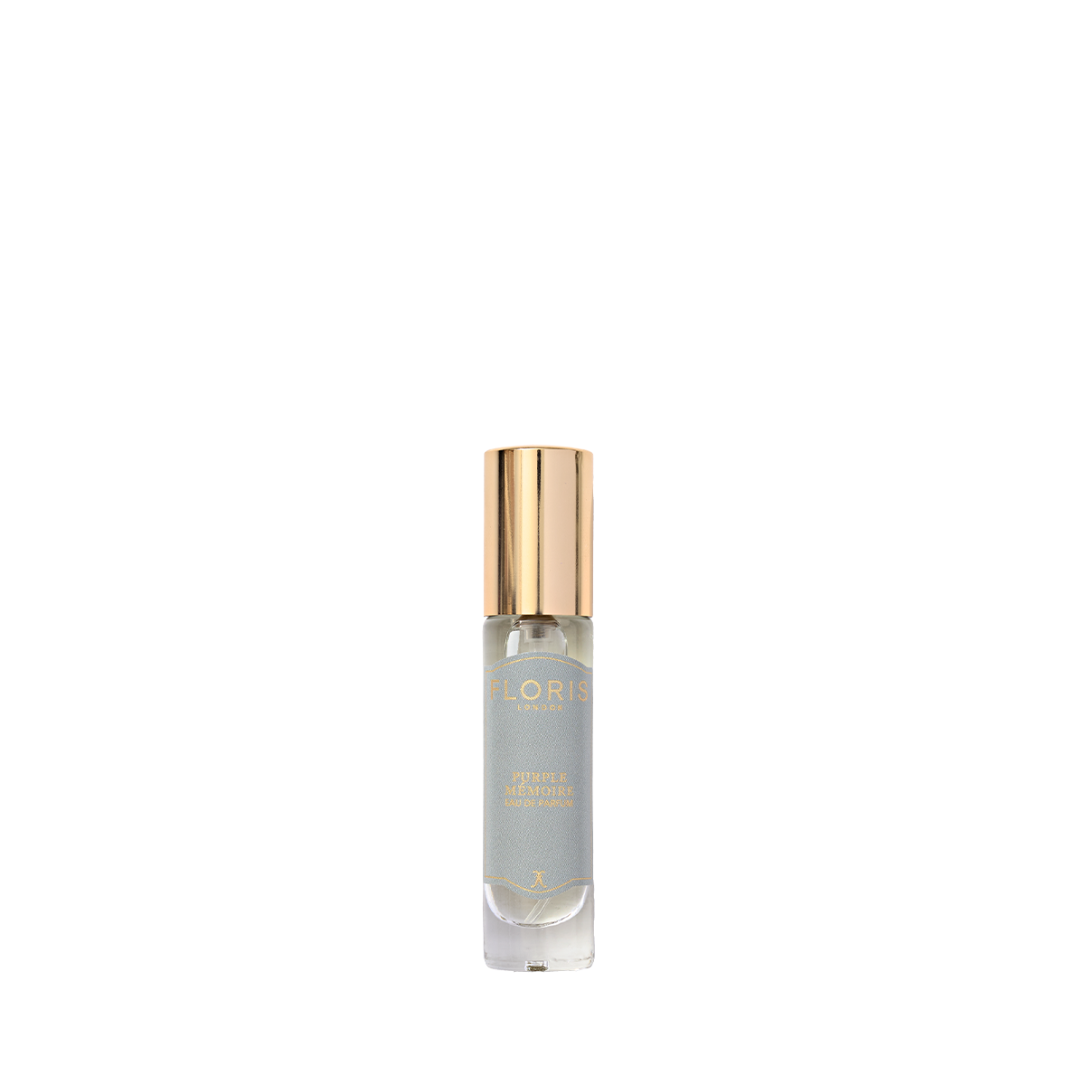A small glass bottle of Floris London Purple Mémoire Eau de Parfum with a gold cap, displayed upright against a plain white background.