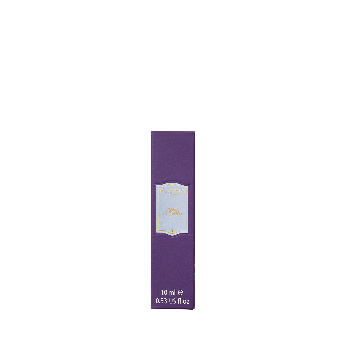 A purple rectangular box labeled "Floris London Purple Mémoire Eau de Parfum" with a silver-gold label, 10ml fragrance, on a white background.
