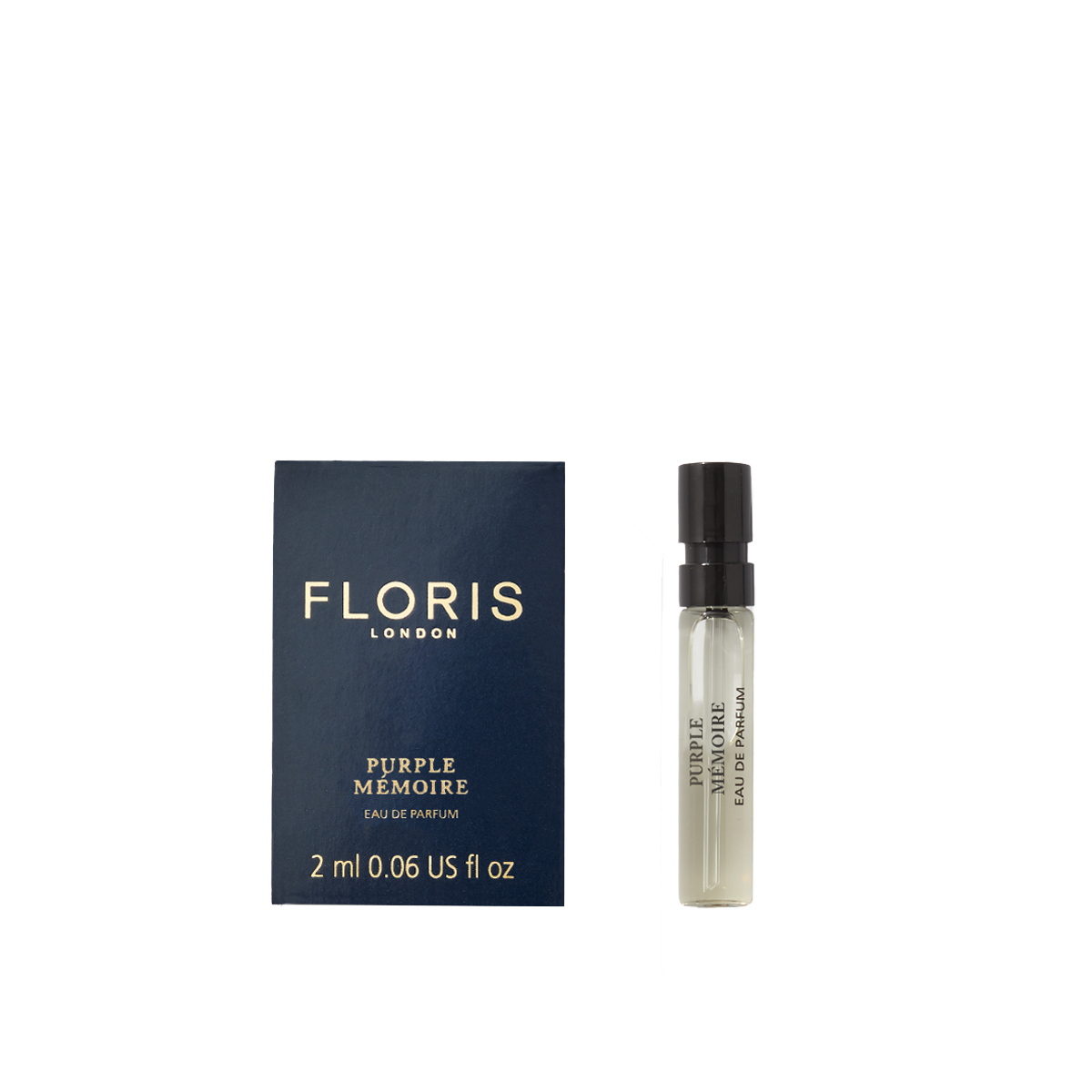 A 2 ml vial of Floris London Purple Mémoire Eau de Parfum rests next to its dark blue and gold packaging, reflecting refined English elegance.
