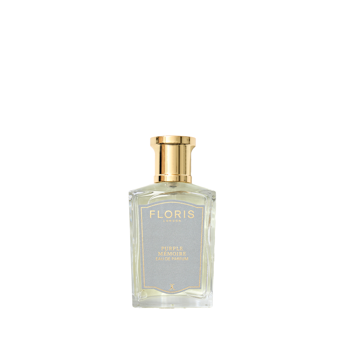 Clear glass bottle of Floris London UK perfume infused with sandalwood, gold cap, labeled "Purple Mémoire - Eau de Parfum.