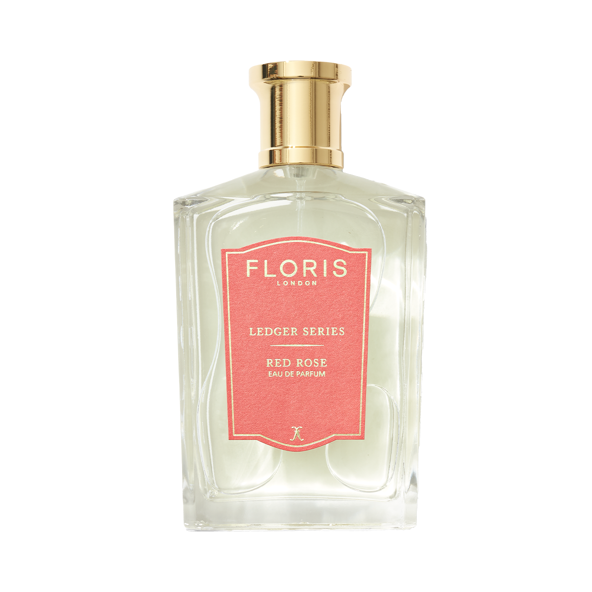 A clear bottle with a gold cap labeled "Floris London UK Red Rose Eau de Parfum," featuring elegant notes of Rose Absolute.
