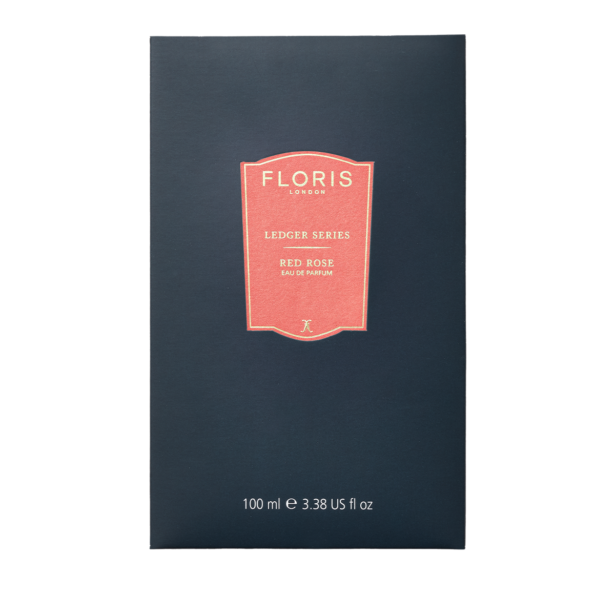 A dark blue Floris London EU box labeled "Red Rose," a lasting Eau de Parfum with Rose Absolute, 100 ml (3.38 US fl oz).