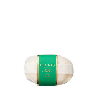A finely milled Floris London EU Rose Geranium Soap with a green and gold label is shown against a plain white background.
