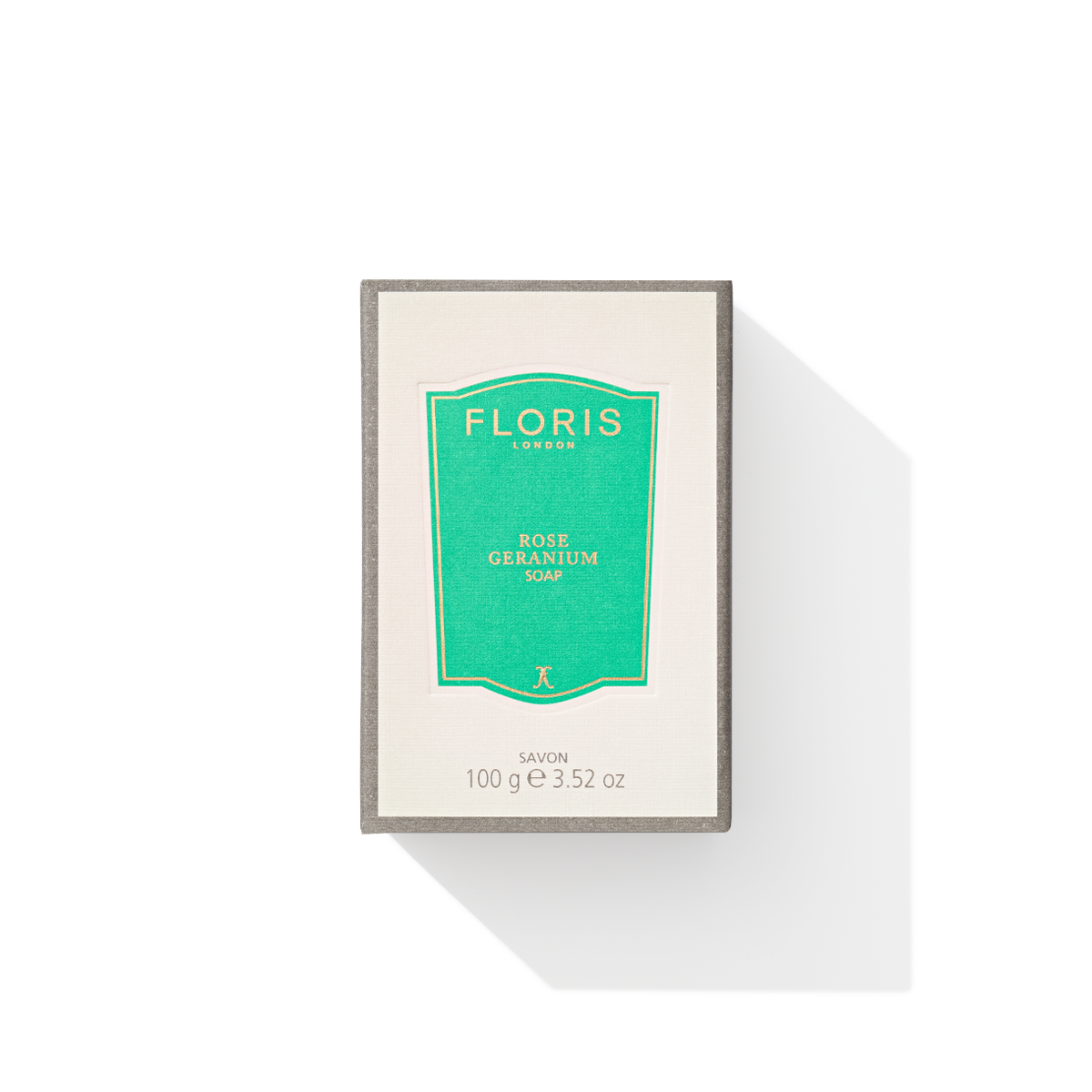 A Floris London EU soap box with a green label stating "Rose Geranium Soap." The beige box has a gray border and contains 100 grams (or 3.52 ounces) of soap.