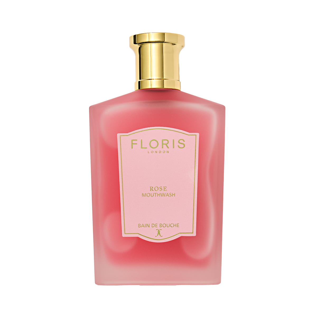 A Floris London Rose - Mouthwash in a frosted pink bottle with a gold cap and label is shown on a white background.