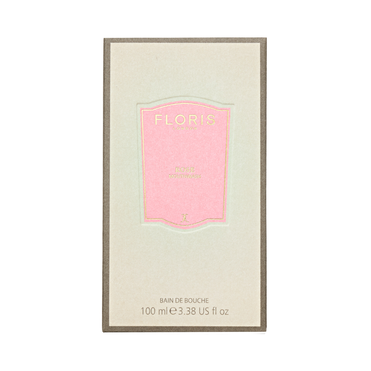 A beige and brown box with a pink label displays "Floris London Rose - Mouthwash," made with pure rosewater, 100 ml / 3.38 US fl oz.