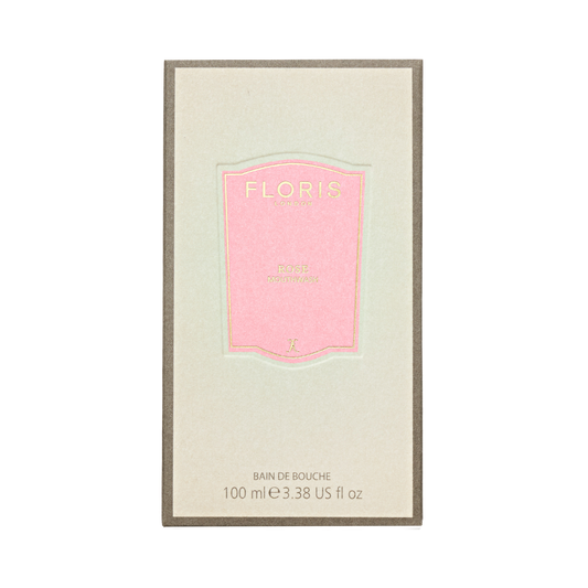 A beige and brown box with a pink label displays "Floris London Rose - Mouthwash," made with pure rosewater, 100 ml / 3.38 US fl oz.