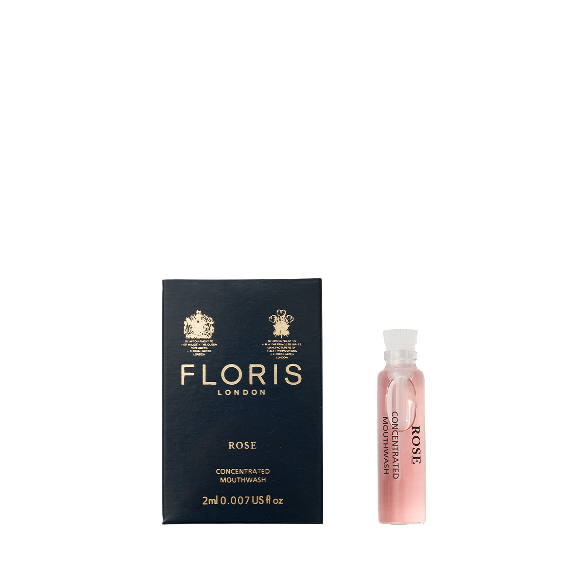 A Floris London Rose - Mouthwash box sits beside a 2ml vial labeled "ROSE," featuring pink mouthwash made with pure rosewater.