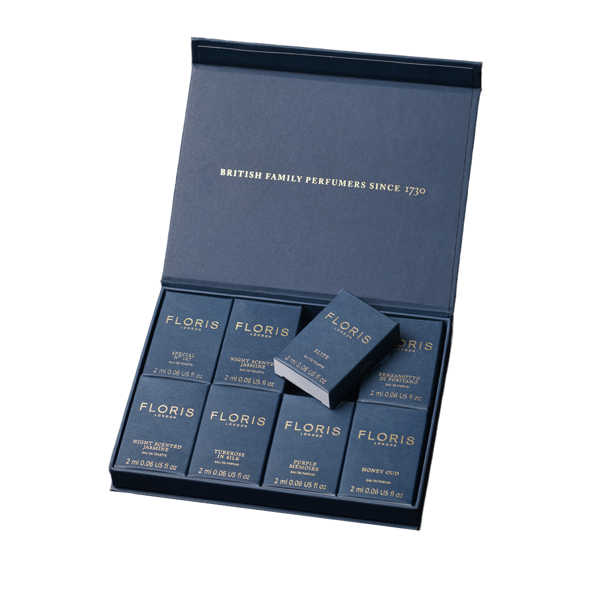 A blue Floris London UK Sample Set box contains eight neatly arranged 2ml fragrance bottles.