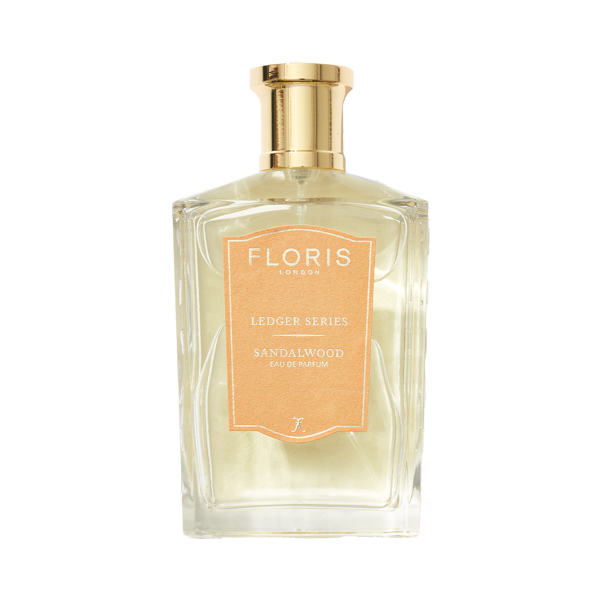 A clear glass bottle of Floris London EU Sandalwood Eau de Parfum with a gold cap is shown against a white background.