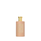 A beige bottle of Floris London Sandalwood & Patchouli Room Fragrance with a gold cap, featuring woody amber notes, set against a white background.