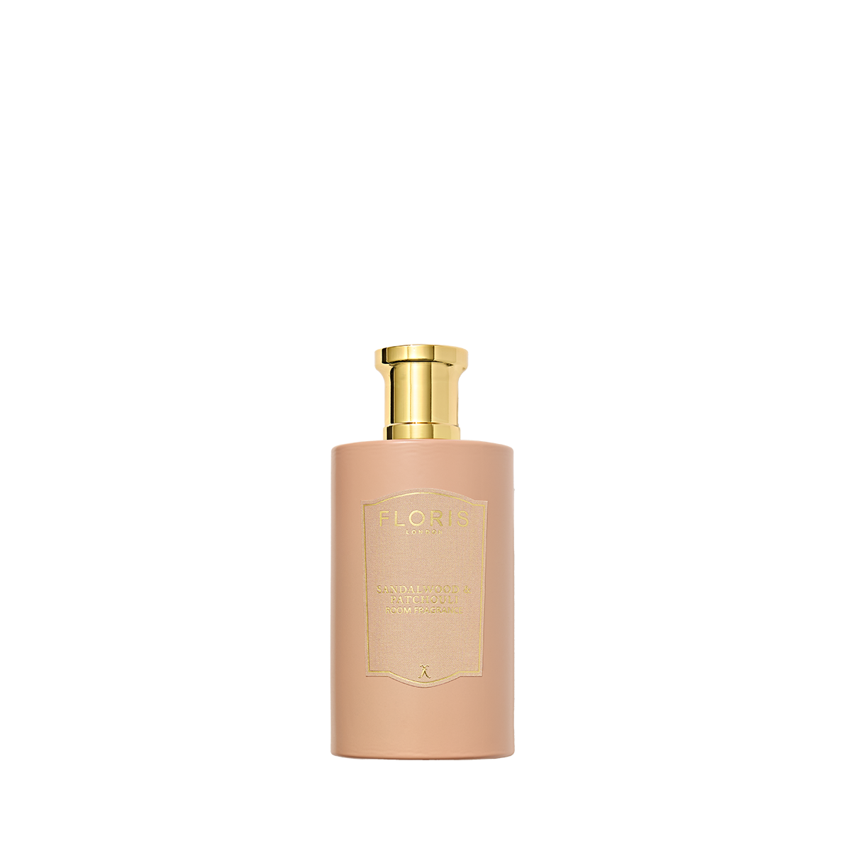 A beige bottle of Floris London Sandalwood & Patchouli Room Fragrance with a gold cap, featuring woody amber notes, set against a white background.