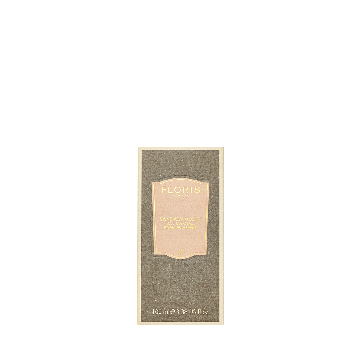 A rectangular Floris London Sandalwood & Patchouli Room Fragrance box, suggesting woody amber notes, is centered on a plain white background.
