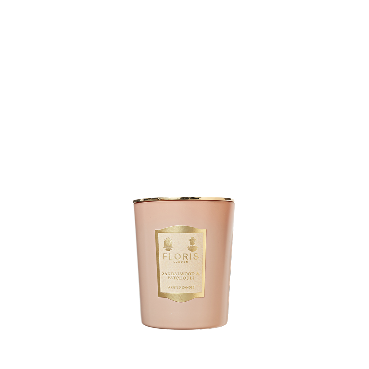 A Floris London Sandalwood & Patchouli candle with a gold label is displayed against a plain white background.
