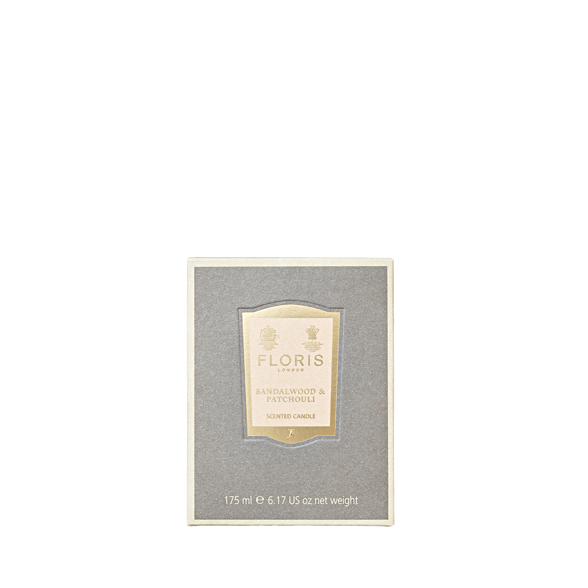 A Floris London Sandalwood & Patchouli Candle, hand poured, in a gray box with gold label, shown against a plain white background.
