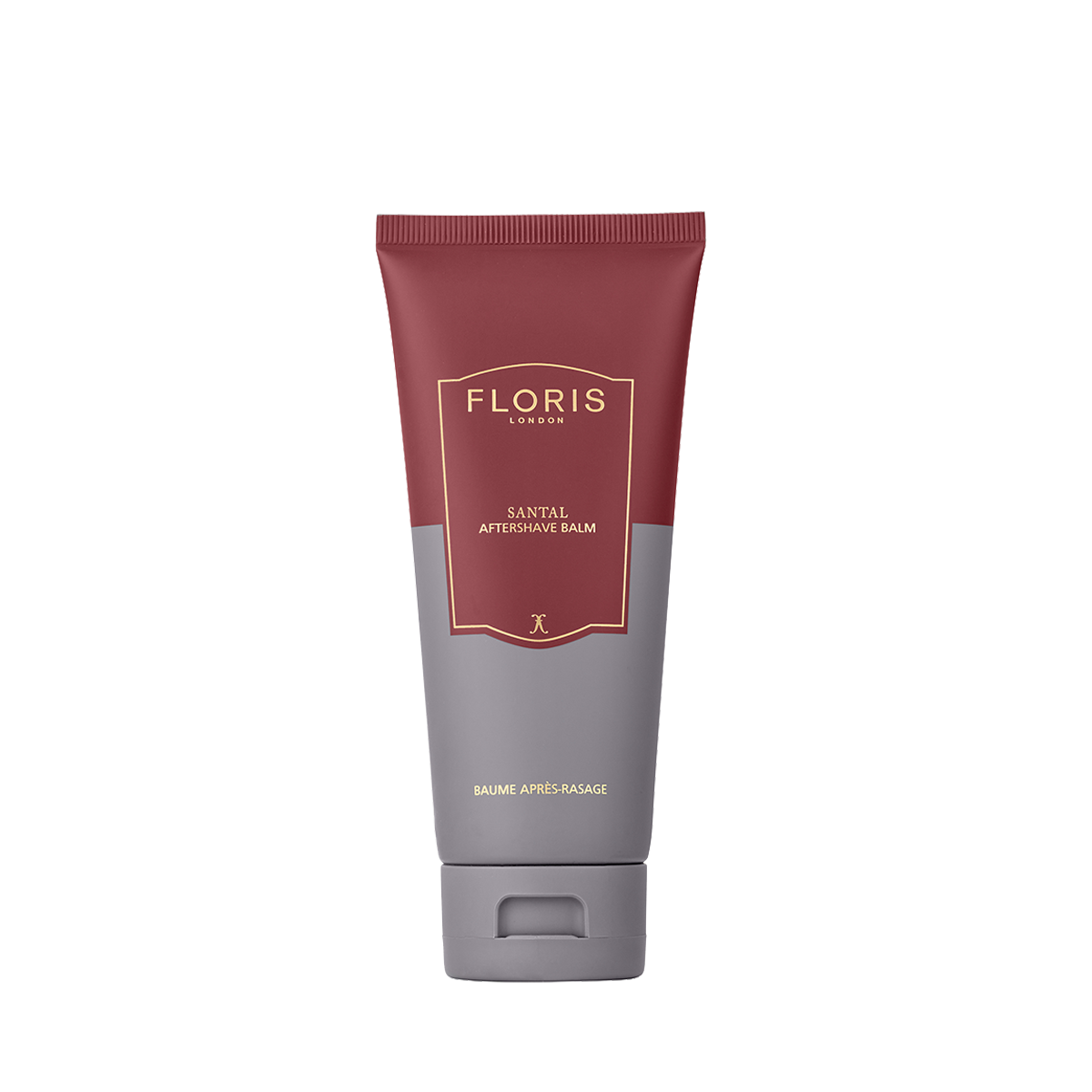 A tube of Floris London Santal - Aftershave Balm with a maroon and gray design is shown upright against a plain white background.