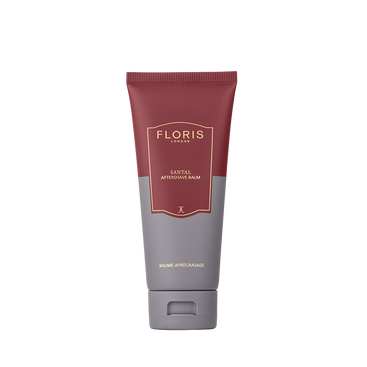 A tube of Floris London Santal - Aftershave Balm with a maroon and gray design is shown upright against a plain white background.