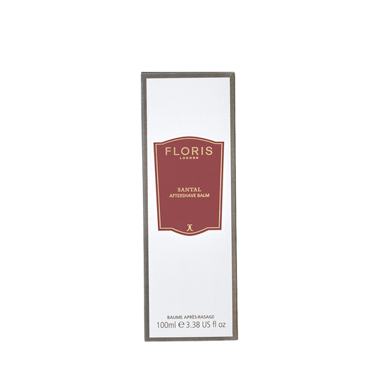 A rectangular box of Floris London Santal - Aftershave Balm, 100ml, with a white label and red central design shown against a plain background.