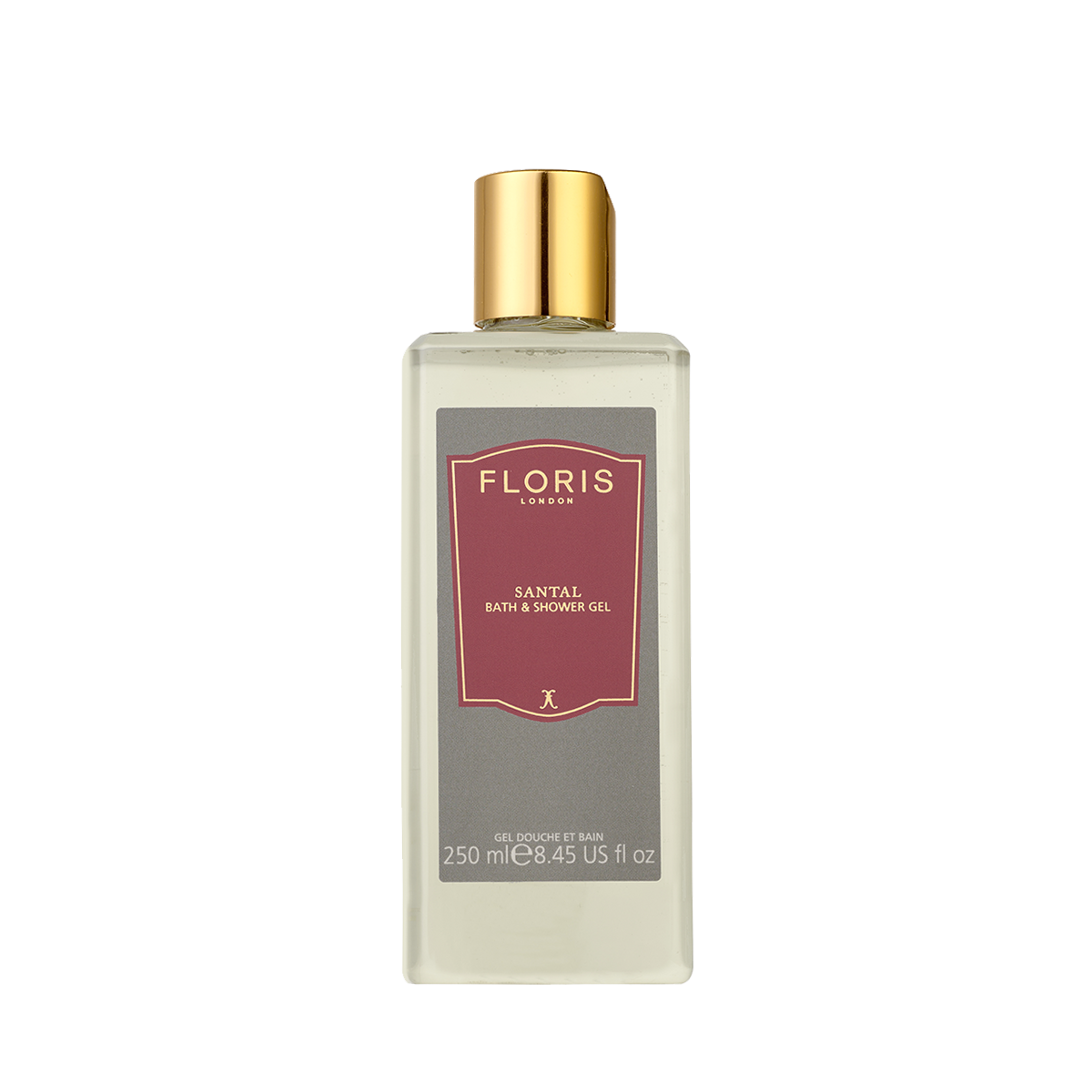 A clear plastic bottle of Floris London EU Santal - Bath & Shower Gel, 250 ml (8.45 fl oz), with a gold cap and maroon label.