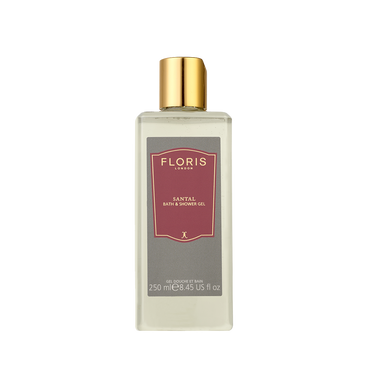 A clear plastic bottle of Floris London EU Santal - Bath & Shower Gel, 250 ml (8.45 fl oz), with a gold cap and maroon label.