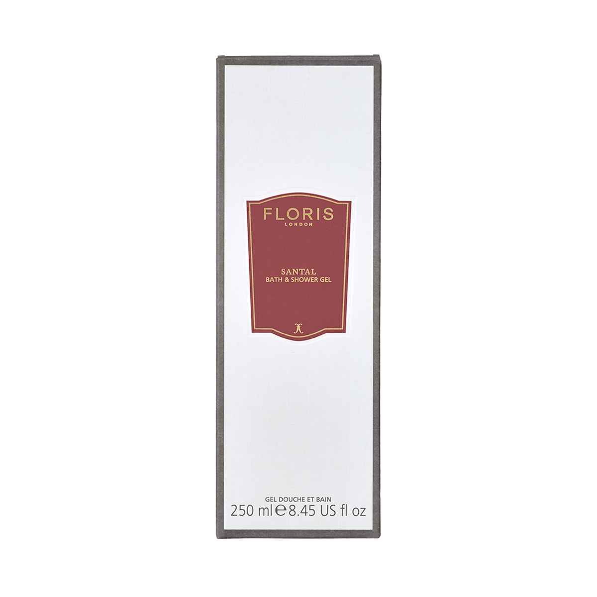 A rectangular box of Floris London EU Santal Bath & Shower Gel, labeled with details and containing 250 ml (8.45 US fl oz).