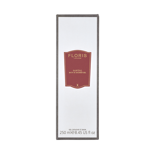 A rectangular box of Floris London EU Santal Bath & Shower Gel, labeled with details and containing 250 ml (8.45 US fl oz).