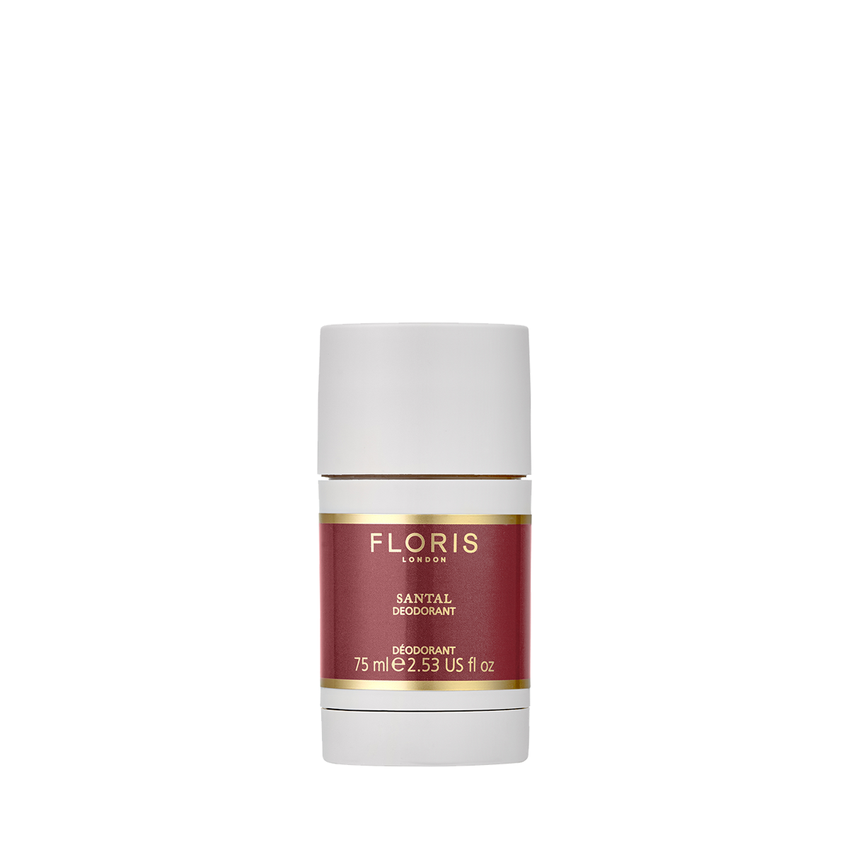 Floris London Santal Deodorant Stick 75ml is aluminium-free and ideal for sensitive skin, featuring a red and gold label on white.