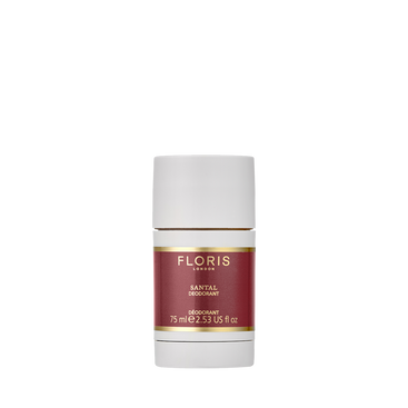 Floris London Santal Deodorant Stick 75ml is aluminium-free and ideal for sensitive skin, featuring a red and gold label on white.