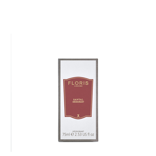 A 75ml rectangular box of Floris London Santal Deodorant Stick with a red and gold label shown on a white background.