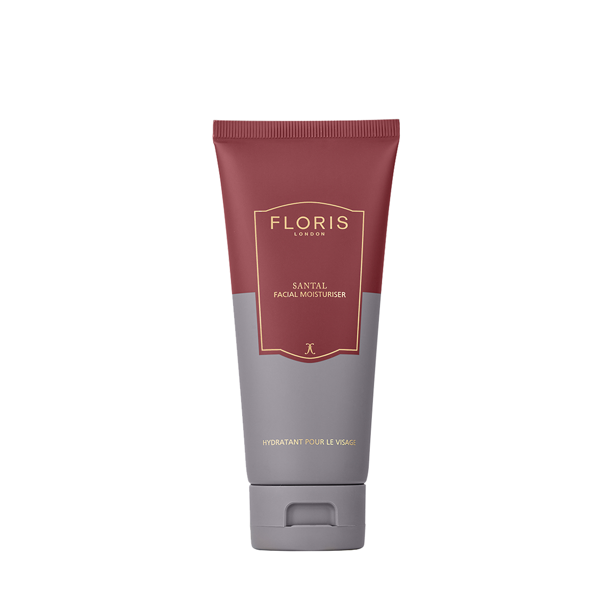 A tube of Floris London EU Santal - Facial Moisturiser with maroon and gray accents stands upright against a plain white background.