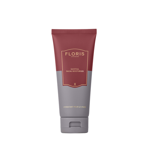 A tube of Floris London UK Santal Facial Moisturiser on a white background, delivering deeply nourishing yet lightweight skincare.