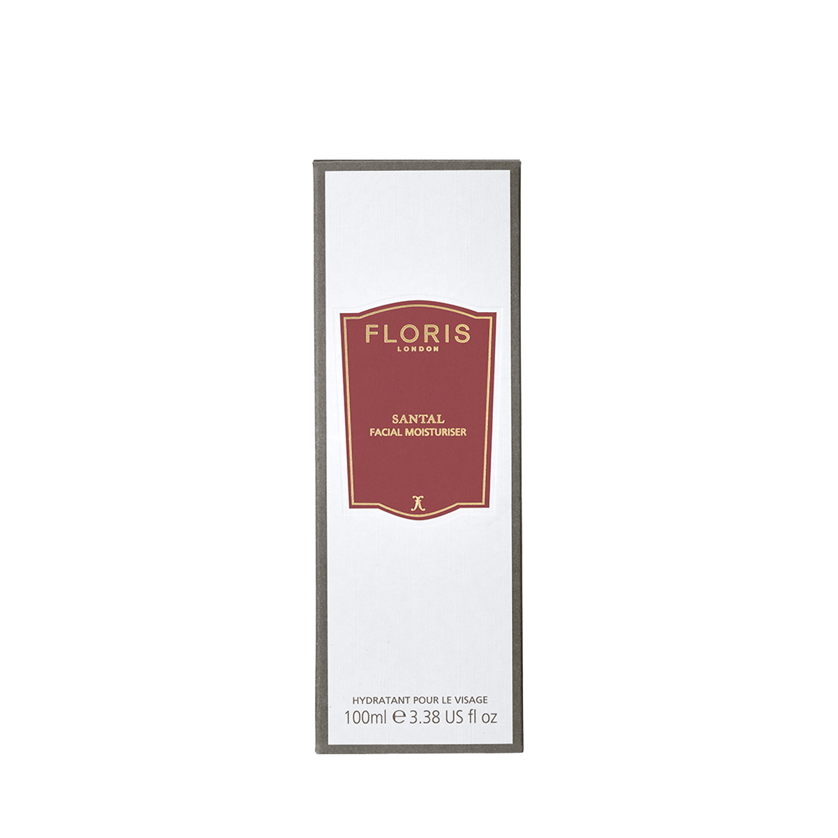 A white rectangular box of Floris London EU Santal - Facial Moisturiser, 100ml, featuring a centered red and gold label on the front.