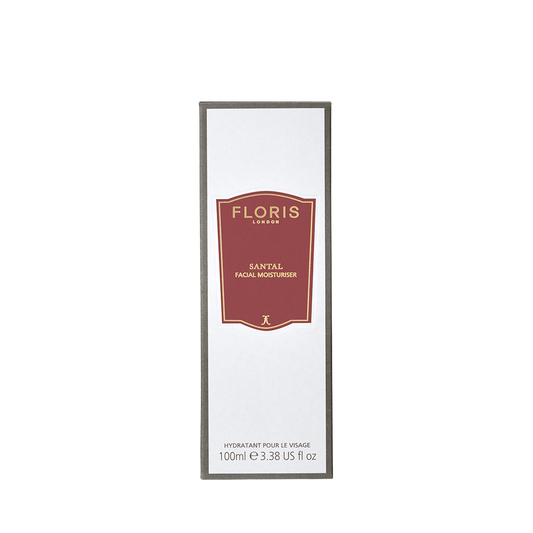 A white rectangular box of Floris London EU Santal - Moisturiser, 100 ml, features a nourishing formula with red and gold label on a plain background.