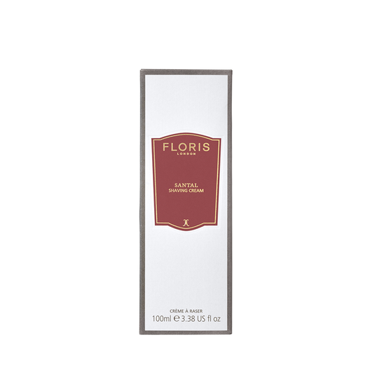 A rectangular box of Floris London UK Santal Shaving Cream, 100ml, for sensitive skin, with a red and gold label on a white background.