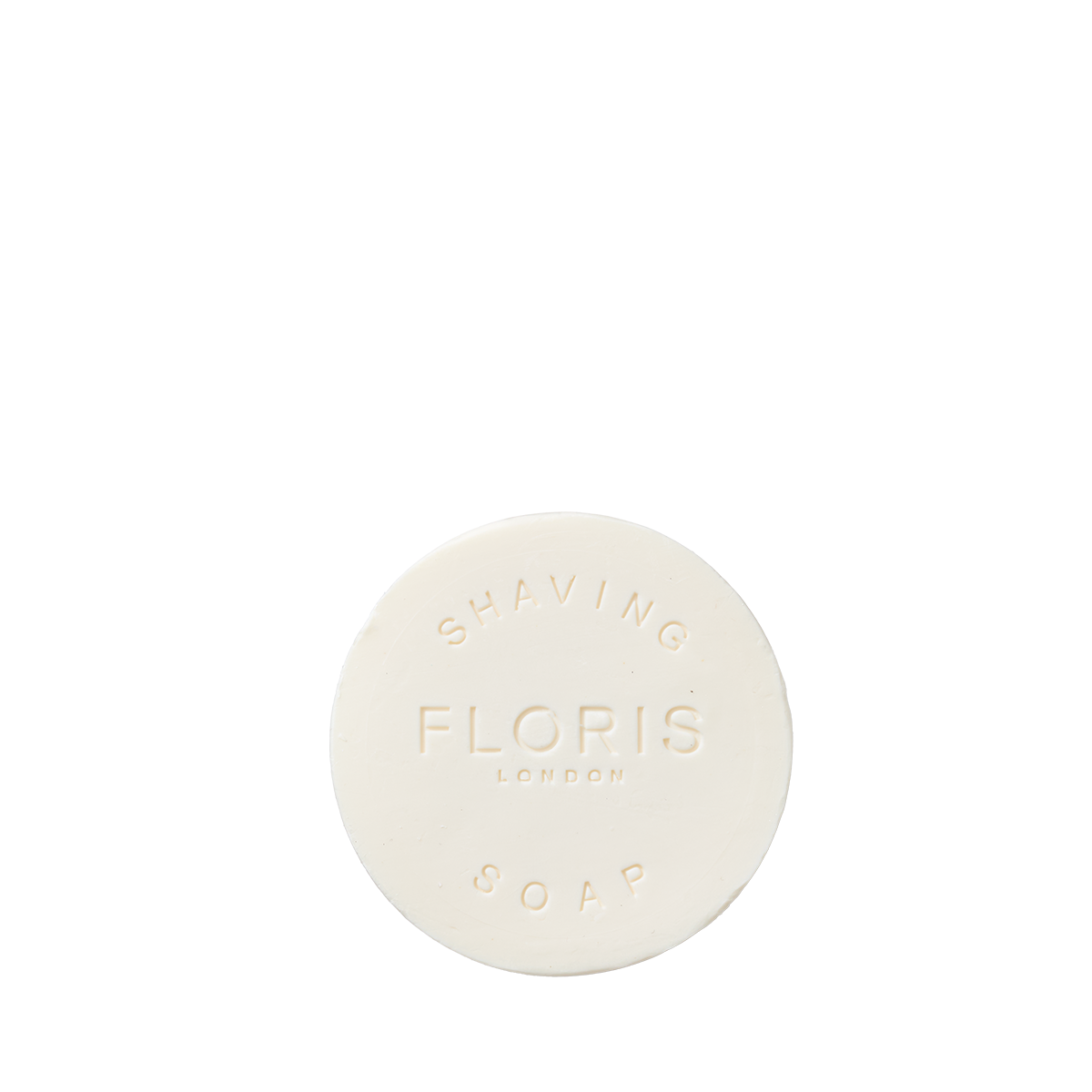 A round, white Santal Shaving Soap Refill by Floris London, enriched with shea butter, embossed "FLORIS LONDON SHAVING SOAP" on a plain white background.