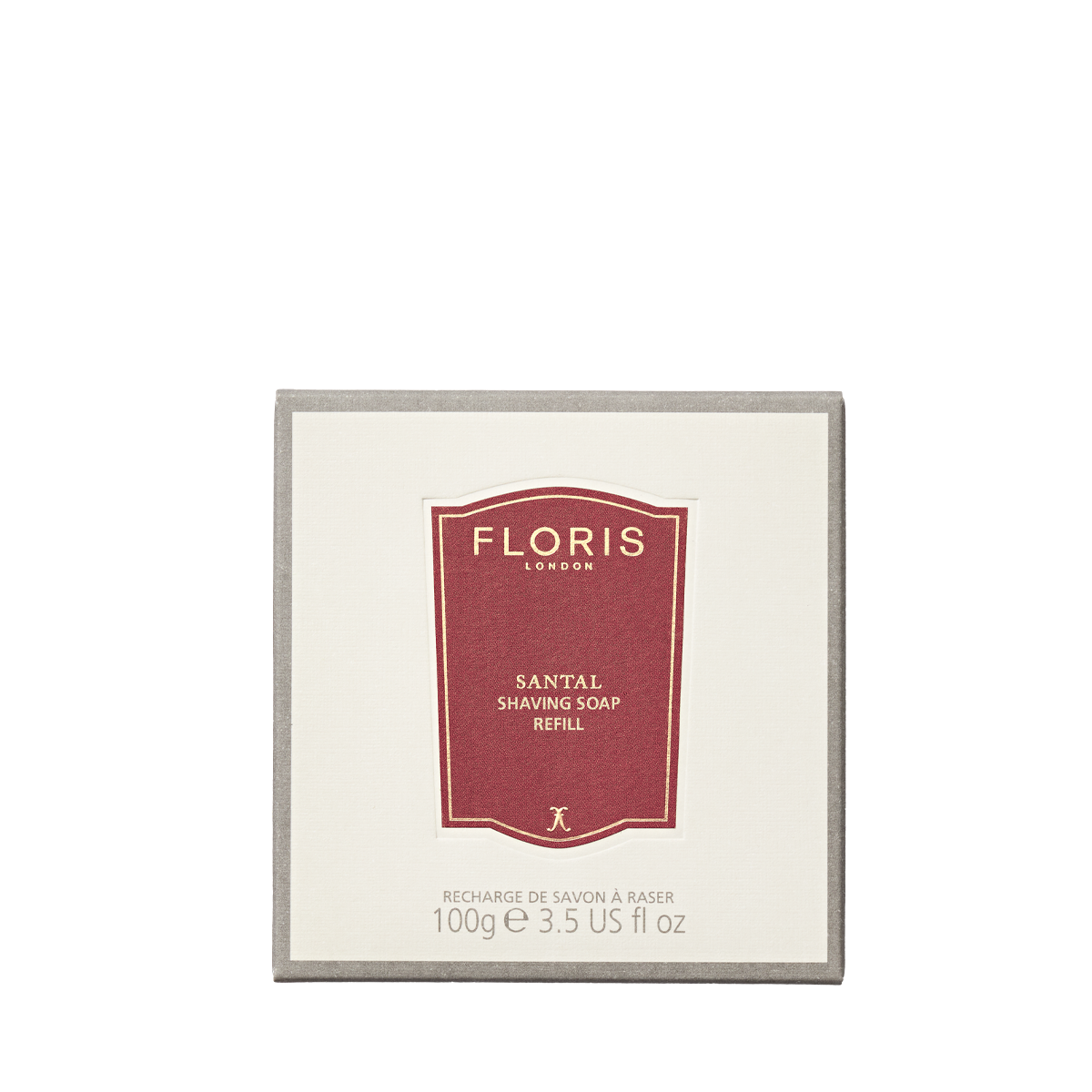 A square box of Floris London Santal - Shaving Soap Refill, 100g, with a red label and white text, is shown against a plain white background.