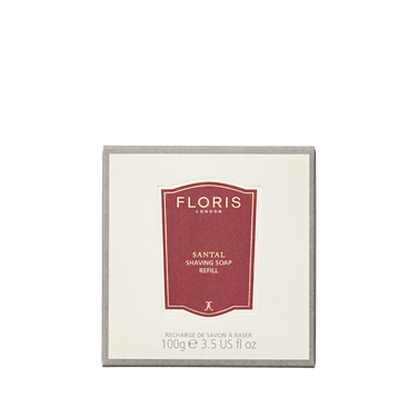 A square box of Floris London Santal - Shaving Soap Refill, 100g, with a red label and white text, is shown against a plain white background.