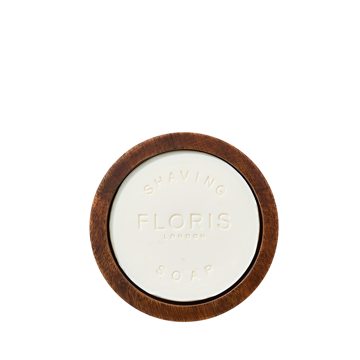 A round bar of Floris London Santal Shaving Soap sits in a wood bowl, embossed with "Floris London Shaving Soap & Bowl.