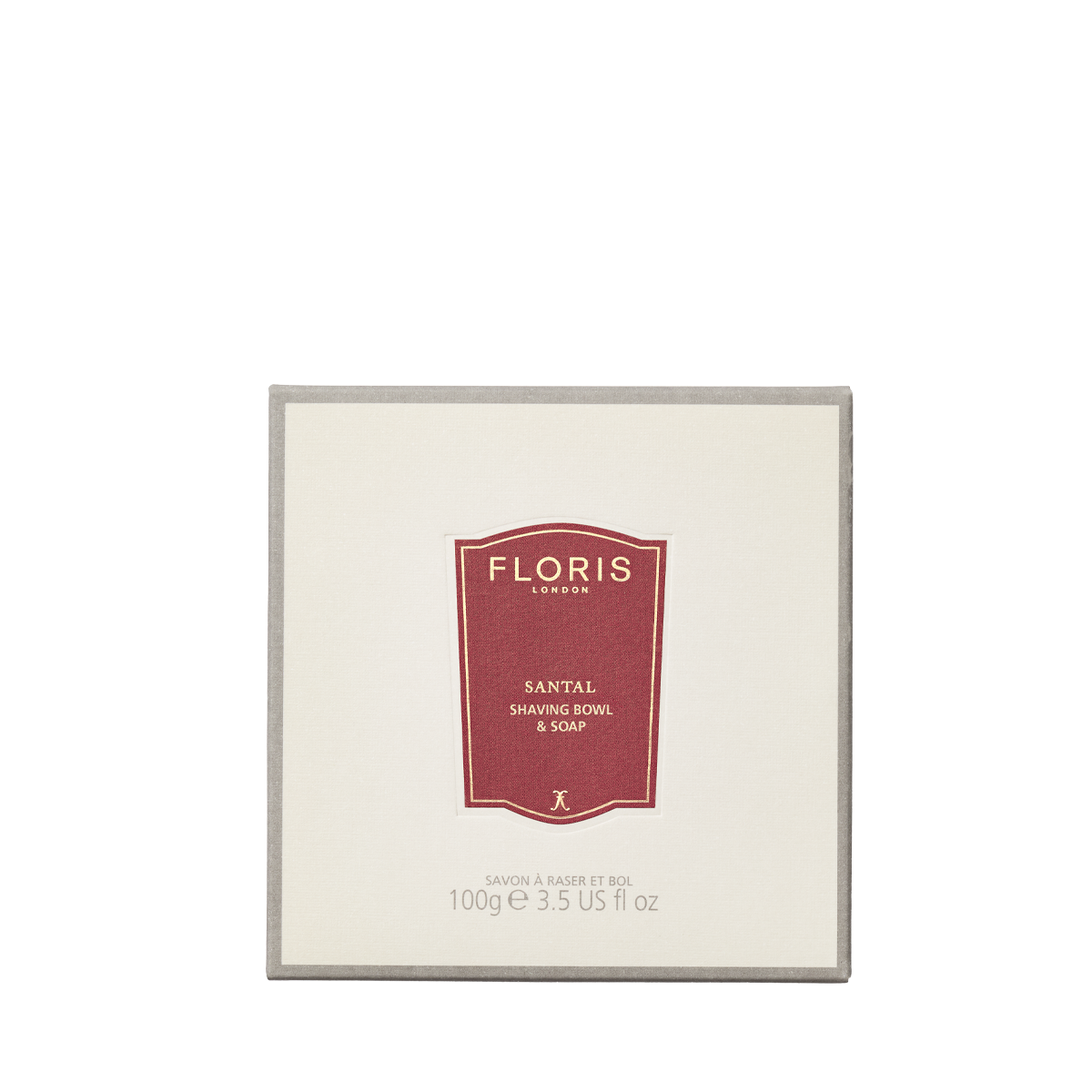 Floris London Santal - Shaving Soap & Bowl features a square soap box and elegant wood bowl, displayed on a cream background with red accents.