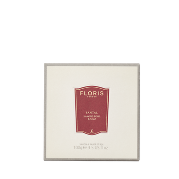 Floris London Santal - Shaving Soap & Bowl features a square soap box and elegant wood bowl, displayed on a cream background with red accents.