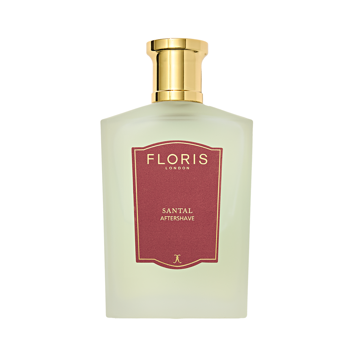 Floris London Santal Aftershave features a frosted glass bottle, gold cap, and red label—crafted with sandalwood for a refined finish.