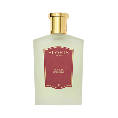 Floris London Santal Aftershave features a frosted glass bottle, gold cap, and red label—crafted with sandalwood for a refined finish.