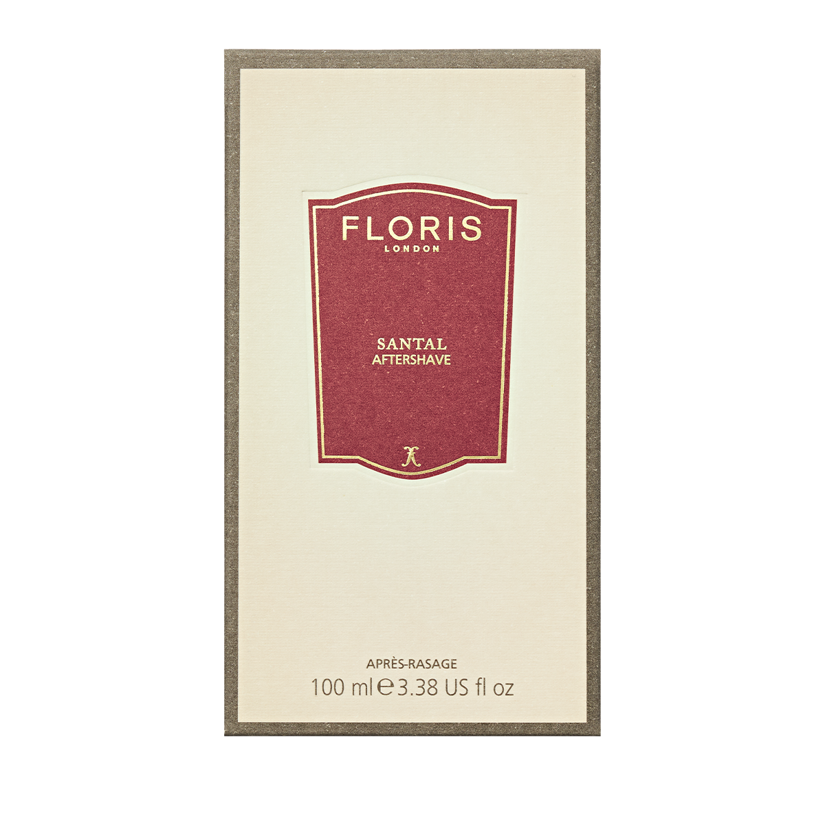 Floris London Santal Aftershave, 100 ml (3.38 US fl oz), comes in a rectangular box with a red and cream label and sandalwood notes.