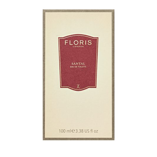 A beige and tan box of Floris London Santal Eau de Toilette, a men’s woody amber scent, 100ml (3.38 US fl oz).