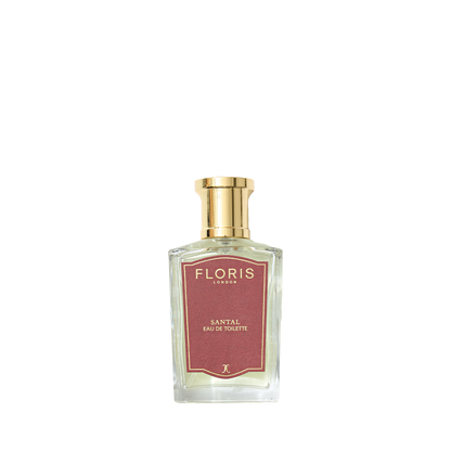 A clear glass bottle of Floris London Santal - Eau de Toilette, a men’s woody amber fragrance, displayed against a plain white background.