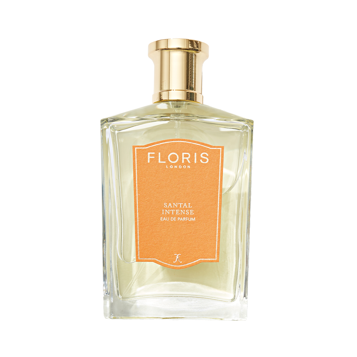 A clear glass bottle of Floris London Santal Intense Eau de Parfum, a men’s woody oriental scent, finished with a gold cap.