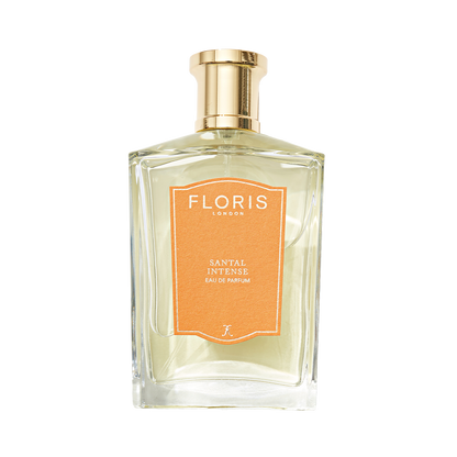 A clear glass bottle of Floris London Santal Intense Eau de Parfum, a men’s woody oriental scent, finished with a gold cap.