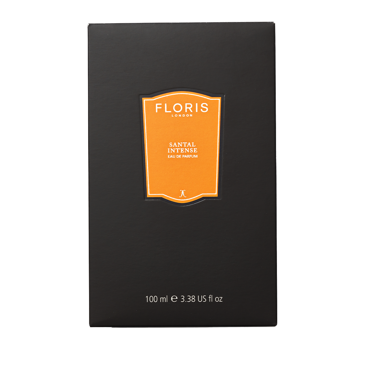 A black box of Floris London Santal Intense - Eau de Parfum, 100 ml, a men’s woody oriental scent, with an orange label and gold text.