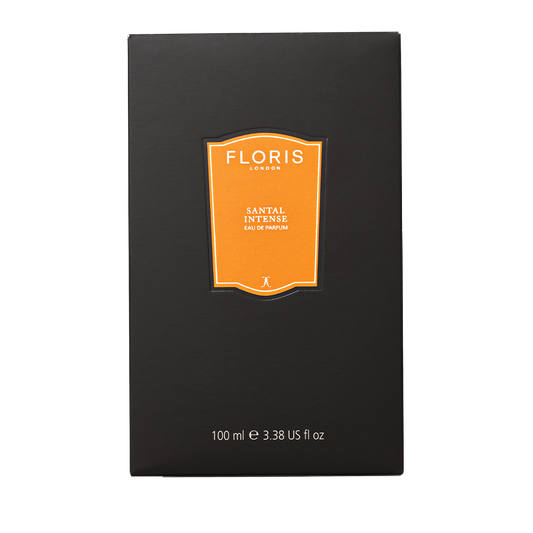 A black box of Floris London Santal Intense - Eau de Parfum, 100 ml, a men’s woody oriental scent, with an orange label and gold text.