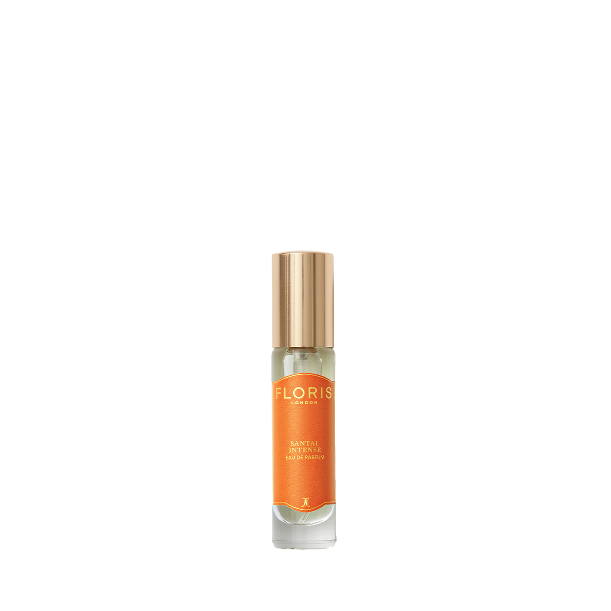 A small glass bottle of Floris London Santal Intense Eau de Parfum, with a gold cap and orange label, shown against a plain white background.